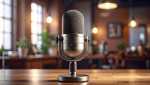 Silver retro microphone sits centered on a wooden table with a blurred background of brick, windows, and furniture