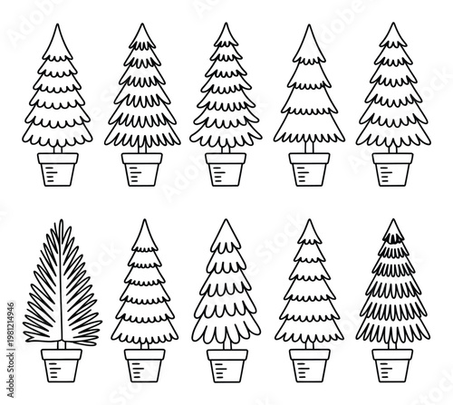 Collection of Potted Christmas Trees in Outline Style