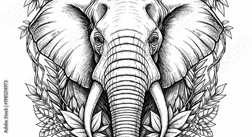 Detailed monochrome illustration of an elephant surrounded by floral elements