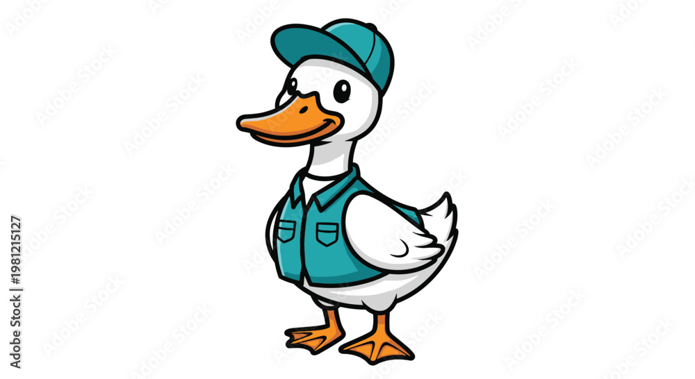 Fototapeta premium Adorable cartoon duck, wearing a blue cap and vest, standing upright with a friendly smile, ready for an adventure.