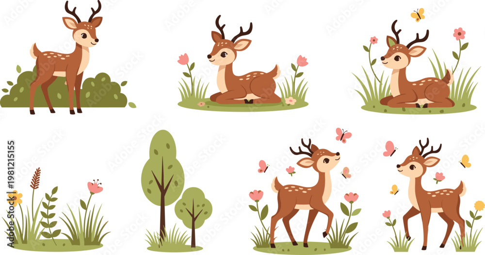 Fototapeta premium Cute deer cartoon vector set with forest plants flowers butterflies wildlife animal characters isolated on white background