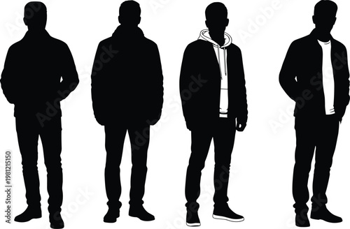 Men standing silhouettes collection, casual fashion poses, urban lifestyle concept, male figures in different outfits, black isolated illustration set, modern people