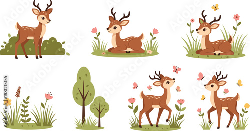 Cute deer cartoon vector set with forest plants flowers butterflies wildlife animal characters isolated on white background