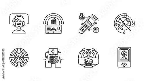 Telemedicine and digital health vector icon set featuring medical technology symbols for healthcare software and mobile app design
