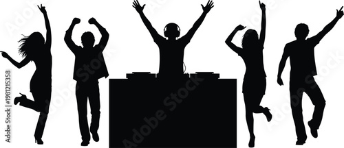 Party dancing silhouettes with DJ, music festival energy, people celebrating, nightlife concept, crowd movement, black isolated figures, entertainment illustration set, fun event