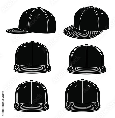 Six Black Baseball Caps in Various Views