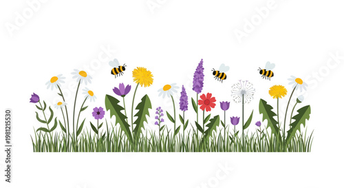 Spring wildflower meadow illustration with honey bees and colorful garden flowers
