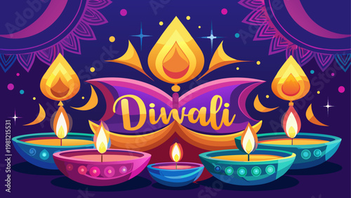 Diwali festival celebration with glowing oil lamps and fireworks