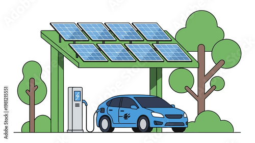 Electric car charging at solar powered station under green canopy vector illustration for sustainable energy and eco friendly transport concepts