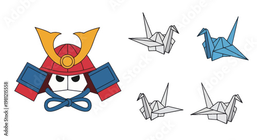 Origami samurai helmet with paper cranes