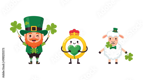 St. Patrick's Day vector illustration set with leprechaun, Claddagh ring, and sheep characters for Irish holiday design