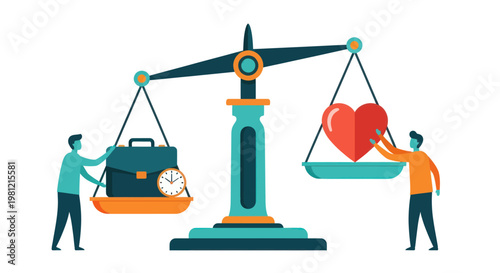 Balancing work and life on a scale with briefcase and heart