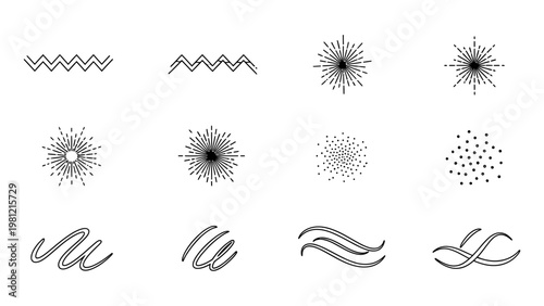Minimalist black line art graphic elements set featuring sunbursts zigzags and swirls vector illustration for branding