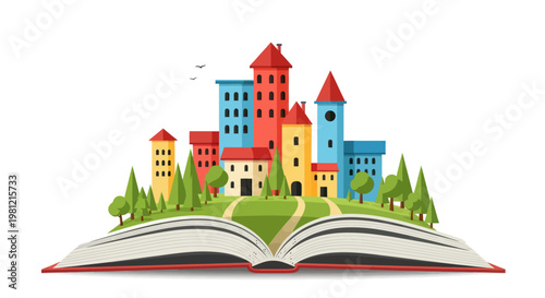 A whimsical city with colorful buildings emerges from an open storybook.