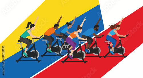 Diverse group enjoying an energetic spinning class