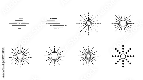 Set of minimalist sunburst and starburst vector icons with radial lines and dots for retro logo design and decorative accents