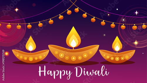Celebration of diwali with lit oil lamps and festive lights