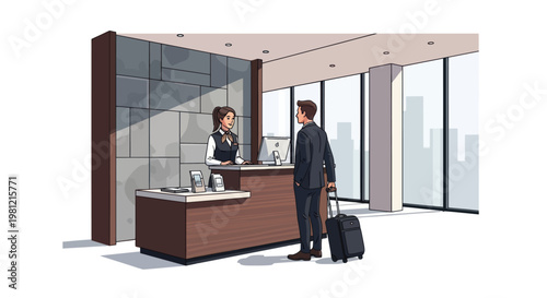 Traveler checks in at hotel reception desk with staff member.