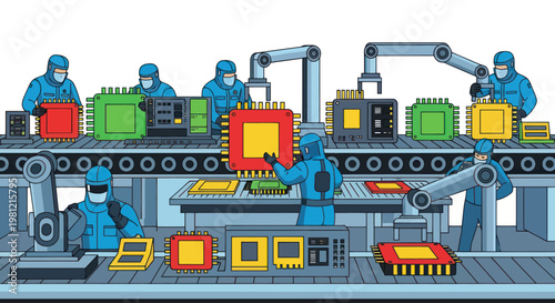 Semiconductor manufacturing in a high-tech cleanroom with robotic arms and human workers.