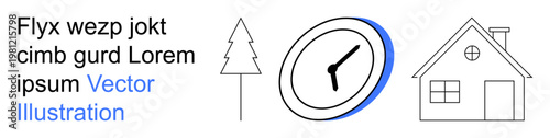 Minimalist designs, home decor, time management, infographic elements, graphic templates, digital layouts. Features clock, house and tree icons with Lorem Ipsum placeholder text. Home decor and time