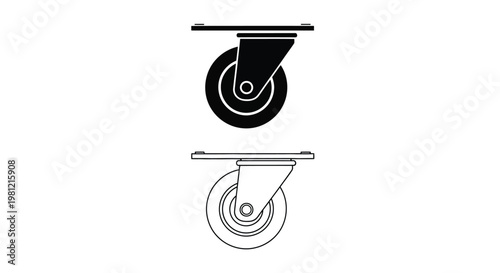 Two depictions of a caster wheel one in solid black silhouette