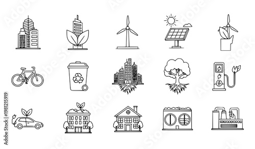 A set of eco-friendly icons representing sustainable living and green technology