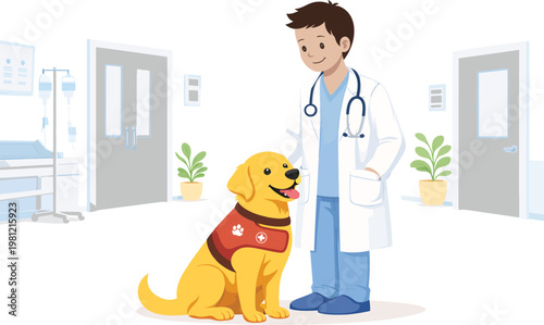 Premium Healthcare Illustration: Empathetic Doctor with Service Dog in Hospital - Patient Support & Medical Therapy Vector