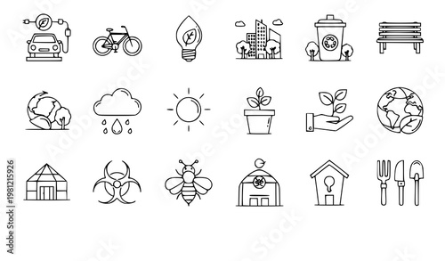 A set of eco-friendly icons and symbols for sustainable living and environmental conservation