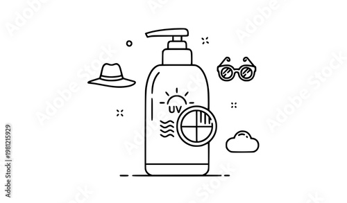 A minimalist vector illustration of sunscreen and summer accessories