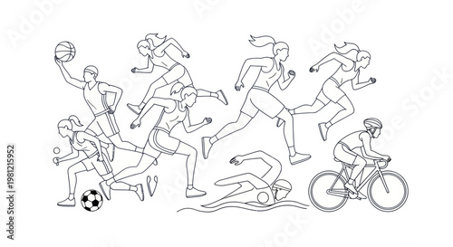 Athletic people in various sports activities including running and cycling.