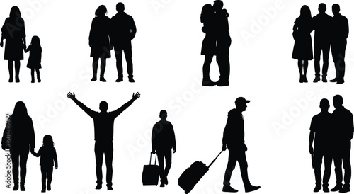 People silhouettes collection, family couples and travelers poses set, human interaction and lifestyle figures illustration, isolated black silhouette characters bundle, diverse social scenes pack