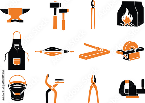 Collection of orange and black flat icons representing various blacksmithing and metalworking tools