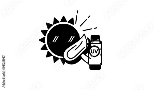 A vector graphic illustration of a sun wearing sunglasses and holding sunscreen