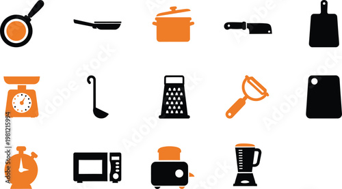 Collection of orange and black kitchen utensil and appliance icons on a white background