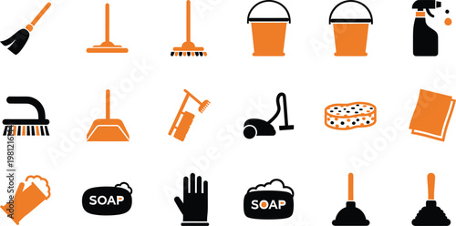 Set of orange and black cleaning tool icons like broom, bucket, mop, sponge, soap, and plunger.