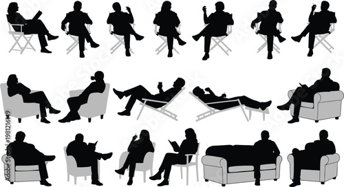 People sitting silhouettes collection, relaxed poses on chair and sofa set, casual lifestyle figures illustration, reading and resting characters bundle, isolated black human silhouettes pack
