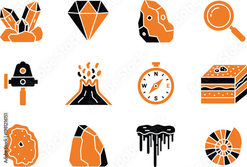 A collection of geology and mineralogy icons featuring crystals fossils and volcanic elements