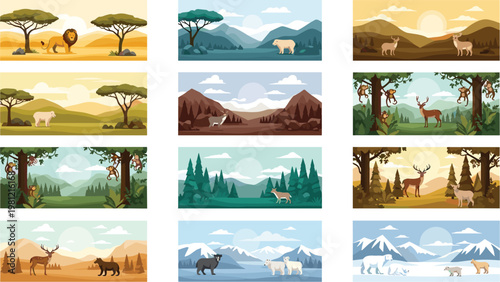 Wild animal landscape scenes vector set with forest jungle desert arctic mountains wildlife environments collection isolated on white background
