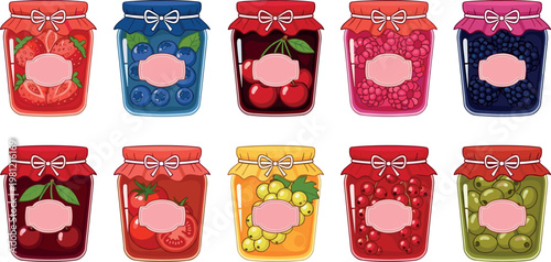 Fruit jam jar vector set with assorted berry preserves marmalade glass containers colorful homemade sweet food collection