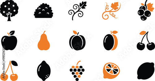 Collection of fruit and plant icons featuring apples, pears, grapes, and citrus fruits