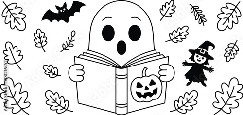 Halloween, ghost, pumpkin, book, black and white, vector illustration, coloring page, spooky, autumn leaves