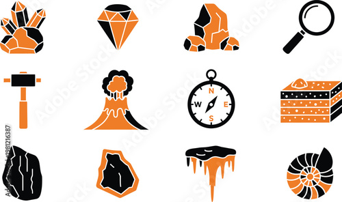 Collection of flat geology icons including minerals fossils volcanoes and scientific tools