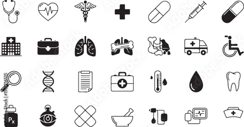 Medical icons, healthcare symbols, black line illustrations, 25 vector graphics