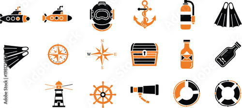 Collection of nautical and underwater exploration icons featuring submarines, anchors, and diving gear