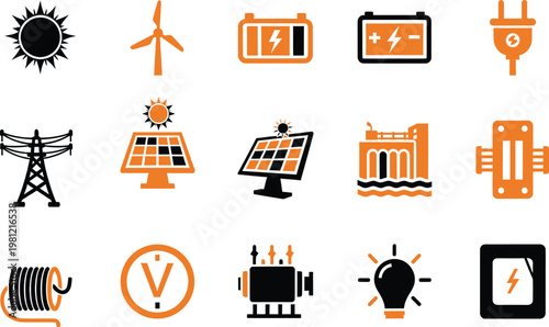 A set of icons representing renewable energy sources and electrical power generation equipment.