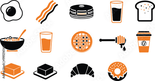 A collection of black and orange breakfast food icons including eggs, bacon, pancakes, and coffee