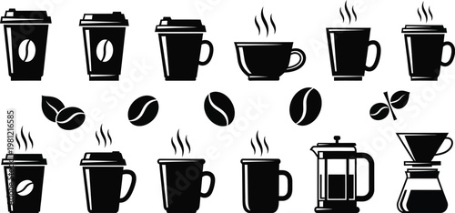 Black Silhouette Icons of Coffee Cups, Beans, and Brewing Equipment beverage drink