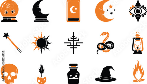 Mystical and occult symbols set with crystal ball moon tarot card eye wand sun and skull