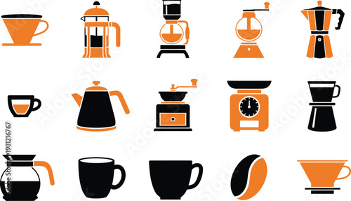 A collection of minimalist orange and black coffee brewing equipment icons on white background