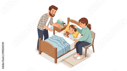 Family comforting sick child.